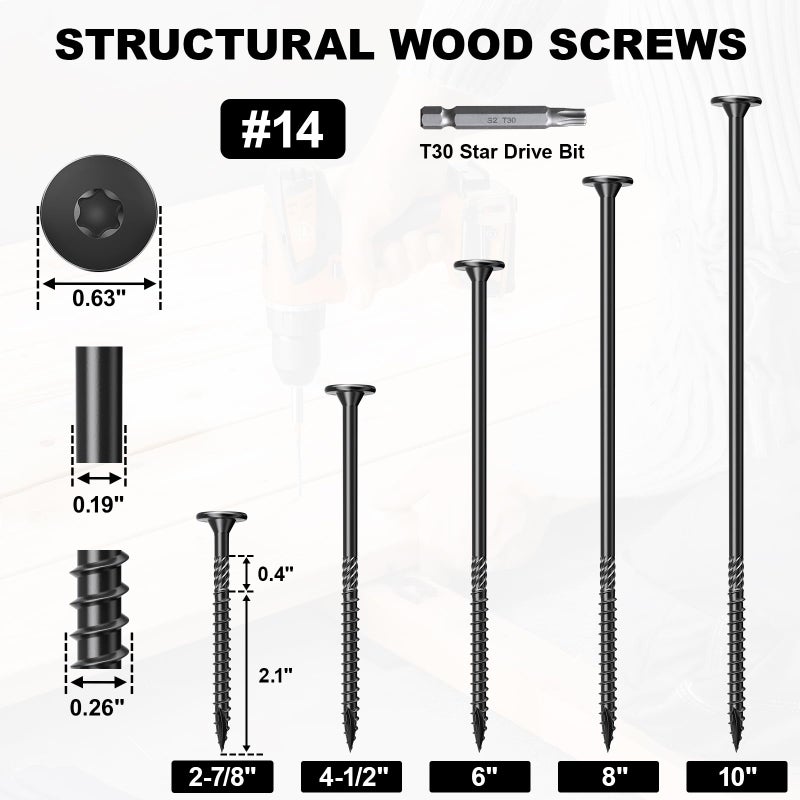 FMhotu #14 Heavy-Duty Wood Screws, Star Drive Deck Screws, Rust Resistant Timber Screws for Timber/Log/Landscaping Wood (10 Inch,50Pcs,Black) - Image 2